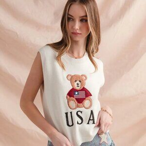 SO ME Teddy Bear Wearing An American Flag With Usa Embroidered Sweater Vest